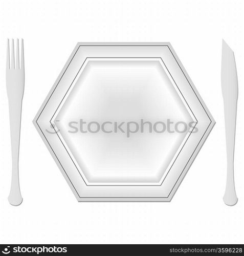 hexagonal plate and dishes against white background; abstract vector art illustration