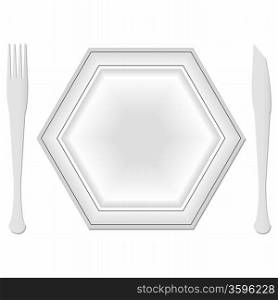 hexagonal plate and dishes against white background; abstract vector art illustration