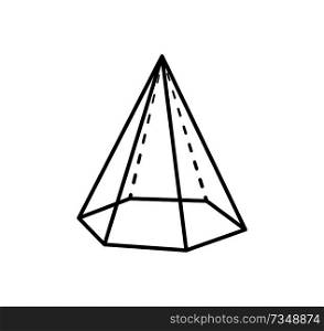 Hexagonal pyramid geometric shape projection of dashed and straight lines. Form with side in form of triangle and based on hexagon vector illustration. Hexaconal Pyramid Geometric Shape in Black Color