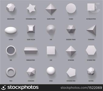 Hexagonal realistic 3D shapes. Basic geometric shapes, math 3d figure forms cube, cylinder and prism shapes top view vector illustration set. Geometry sphere and pyramid, form and cube. Hexagonal realistic 3D shapes. Basic geometric shapes, math 3d figure forms cube, cylinder and prism shapes top view vector illustration set