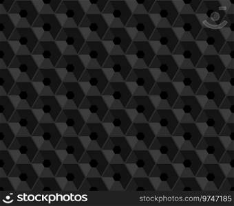 Hexagonal vector black embossed seamless pattern. Plastic hexagon grid dark background. Hexagon cell with hole endless texture. Web page fill geometric pattern.. Hexagonal vector black embossed seamless pattern. Plastic hexagon grid dark background. Hexagon cell with hole endless texture. Web page fill geometric pattern