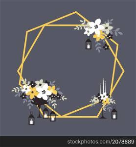 Hexagonal wedding arch with flowers, candles and lanterns . Vector illustration.. Wedding arch. Vector illustration.