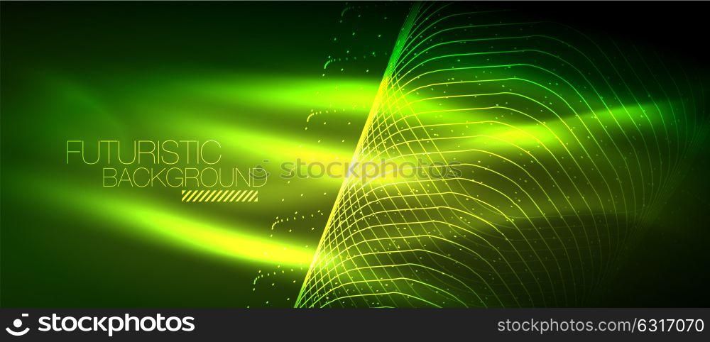 Hi-tech futuristic techno background, neon shapes and dots. Hi-tech futuristic techno background, neon shapes and dots. Technology connection, big data, dotted structure, green color