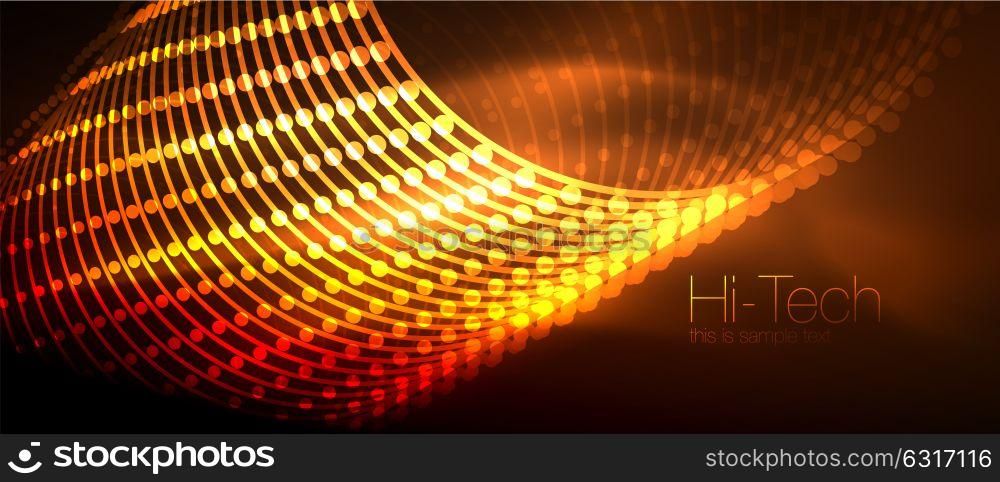 Hi-tech futuristic techno background, neon shapes and dots. Hi-tech futuristic techno background, neon shapes and dots. Technology connection, big data, dotted structure, orange color