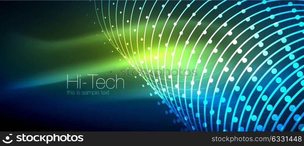Hi-tech futuristic techno background, neon shapes and dots. Hi-tech futuristic techno background, neon shapes and dots. Technology connection, big data, dotted structure, blue green colors