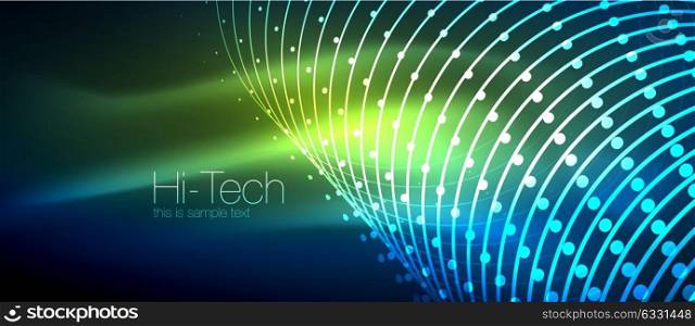 Hi-tech futuristic techno background, neon shapes and dots. Hi-tech futuristic techno background, neon shapes and dots. Technology connection, big data, dotted structure, blue green colors