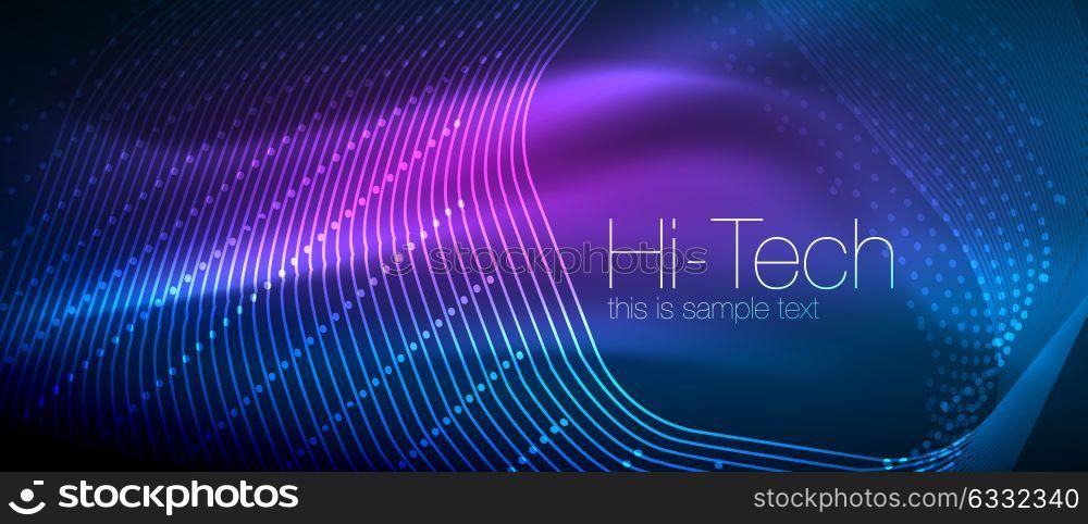 Hi-tech futuristic techno background, neon shapes and dots. Hi-tech futuristic techno background, neon shapes and dots. Technology connection, big data, dotted structure, blue and purple colors