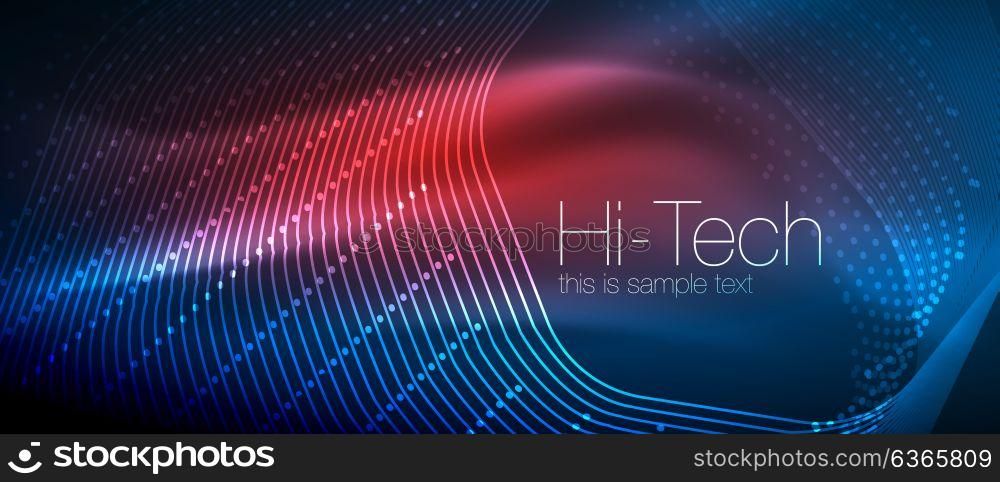 Hi-tech futuristic techno background, neon shapes and dots. Hi-tech futuristic techno background, neon shapes and dots. Technology connection, big data, dotted structure, blue red colors