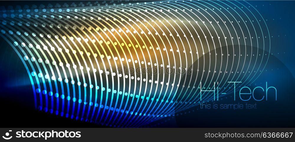 Hi-tech futuristic techno background, neon shapes and dots. Hi-tech futuristic techno background, neon shapes and dots. Technology connection, big data, dotted structure, blue and orange colors