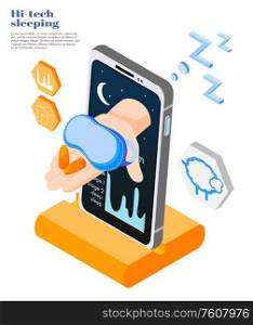 Hi-tech sleeping isometric and colored background and abstract concept with smart app vector illustration