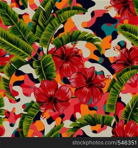 Hibiscus banana leaves multicolor camo abstract beach background. Vector seamless pattern wallpaper