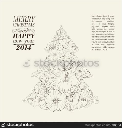 Hibiscus fir tree collage. Vector illustration.