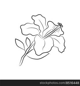 Hibiscus flower drawn by lines. Isolated bud on a branch. For invitations and valentine cards