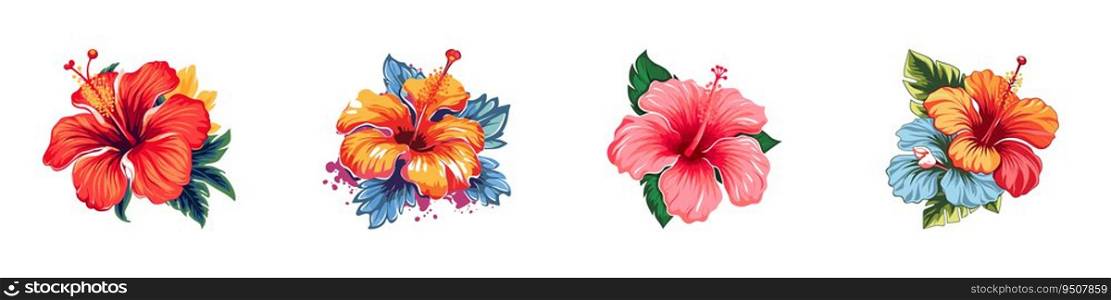 Hibiscus flower icon set. Vector illustration.