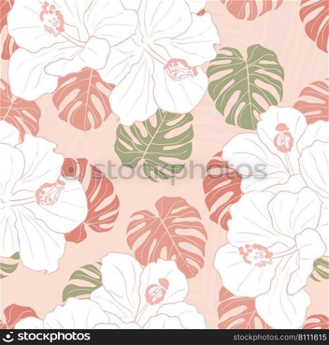 Hibiscus flowers and leaves seamless pattern background. Tropical nature wrapping paper or textile design. Beautiful print with hand-drawn exotic flower.