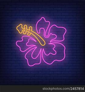 Hibiscus neon sign. Pink tropical flower with yellow stamen. Glowing banner or billboard elements. Vector illustration in neon style for topics like summer, vacation, tropical country