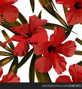 Hibiscus red exotic flower tropical leaves seamless white background
