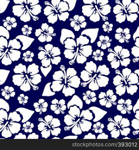 Hibiscus seamless background. Aloha Hawaiian shirt design. Vector illustration for clothing, textile in blue and white colors. Hibiscus seamless background vector design summer shirt