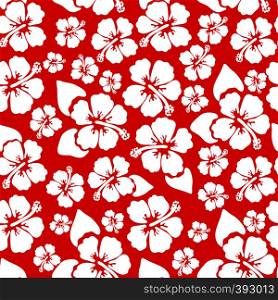 Hibiscus seamless background. Aloha Hawaiian shirt design. Vector illustration for clothing, textile in red and white colors. Hibiscus seamless background vector design summer shirt