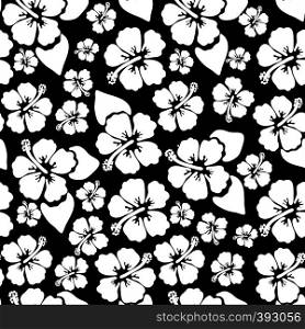 Hibiscus seamless background. Aloha Hawaiian shirt design. Vector illustration for clothing, textile in black and white colors. Hibiscus seamless background in black and white colors