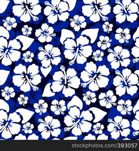 Hibiscus seamless background. Aloha Hawaiian shirt design. Vector illustration for clothing, textile in blue and white colors. Hibiscus seamless background vector design summer shirt