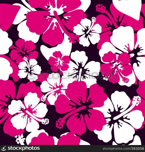 Hibiscus seamless background. Aloha Hawaiian shirt design. Vector illustration for clothing, textile in pink violet and white colors. Hibiscus seamless background vector design summer shirt