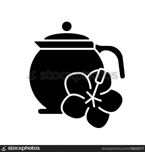 Hibiscus tea black glyph icon. Carcade sour beverage. Red tea made from dried petals. Help reduce blood pressure. Medicinal drink. Silhouette symbol on white space. Vector isolated illustration. Hibiscus tea black glyph icon