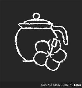 Hibiscus tea chalk white icon on dark background. Carcade sour beverage. Red tea made from dried petals. Help reduce blood pressure. Medicinal drink. Isolated vector chalkboard illustration on black. Hibiscus tea chalk white icon on dark background