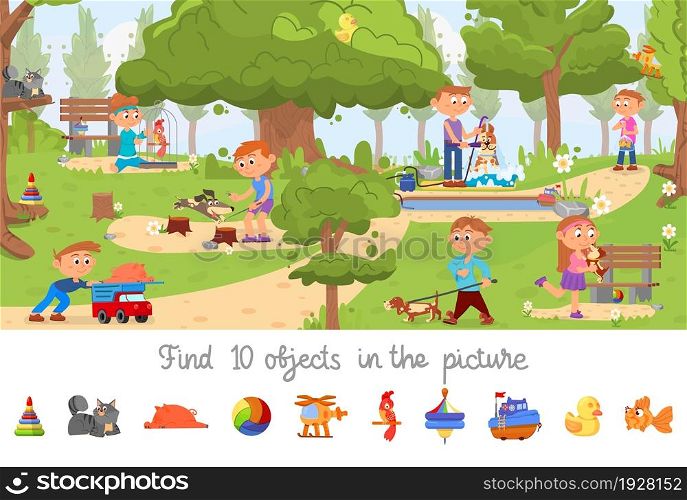Hidden object game. Puzzle location, find objects picture for kids. Children in park with dogs. Searching visual brain teaser decent vector scene. Hidden play logic, kids riddle game illustration. Hidden object game. Puzzle location, find objects picture for kids. Children in park with dogs. Searching visual brain teaser decent vector scene