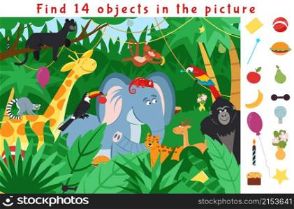 Hidden object puzzle. Kid learning game, find in jungle forest. School educational worksheet play, fun activity with animals vector. Game for school education, children learning task illustration. Hidden object puzzle. Kid learning game, find objects in jungle forest. School educational worksheet play, fun activity with animals decent vector scene