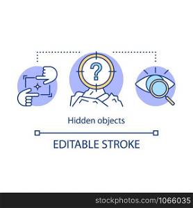 Hidden objects concept icon. Concealed things idea thin line illustration. Searching for items. Visual puzzle. Invisible secret elements. Vector isolated outline drawing. Editable stroke