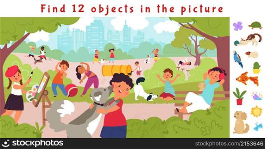 Hidden objects puzzle game. Find object, children in park. Fit kids, resting on nature with puppy. Funny brain teaser vector. Children brainteaser, kids playful and resting with puppy illustration. Hidden objects puzzle game. Find object, children lifestyle in park. Fit kids, resting on nature with puppy. Funny brain teaser decent vector picture