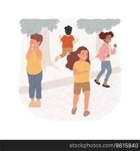 Hide and seek isolated cartoon vector illustration. Child covering eyes with hands, other children running and hiding, recess games, school break outdoors, play hide and seek vector cartoon.. Hide and seek isolated cartoon vector illustration.