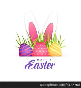 hiding bunny behind the grass and eggs easter background