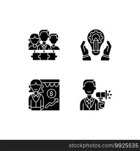 Hierarchical org structure black glyph icons set on white space. Teamwork, collaboration. Development department. Sales driving. Promotion, marketing. Silhouette symbols. Vector isolated illustration. Hierarchical org structure black glyph icons set on white space