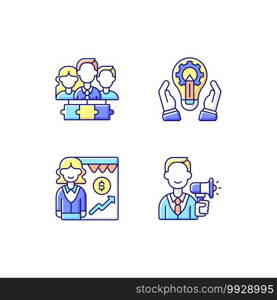 Hierarchical org structure RGB color icons set. Teamwork, collaboration. Development, creative departments. Sales driving. Promotion, marketing. Generating ideas. Isolated vector illustrations. Hierarchical structure RGB color icons set