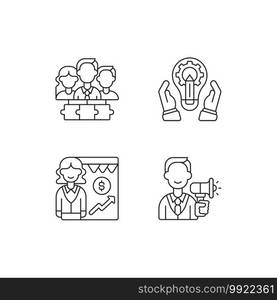 Hierarchical structure linear icons set. Teamwork, collaboration. Development department. Sales driving. Customizable thin line contour symbols. Isolated vector outline illustrations. Editable stroke. Hierarchical structure linear icons set