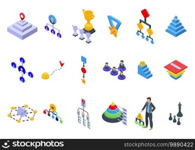 Hierarchy icons set. Isometric set of hierarchy vector icons for web design isolated on white background. Hierarchy icons set, isometric style