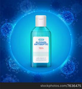 High alcohol concentration antiseptic sanitizer realistic green transparent plastic bottle against luminous blue virus background vector illustration