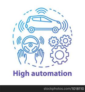 High automation concept icon. Car with autonomous features. Steering Assist. Autopilot system. Driverless vehicle idea thin line illustration. Vector isolated outline drawing. Editable stroke