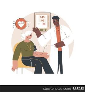 High blood pressure abstract concept vector illustration. Hypertension disease, blood pressure control, monitor, examination in hospital, tonometer, heart attack, arteria strain abstract metaphor.. High blood pressure abstract concept vector illustration.