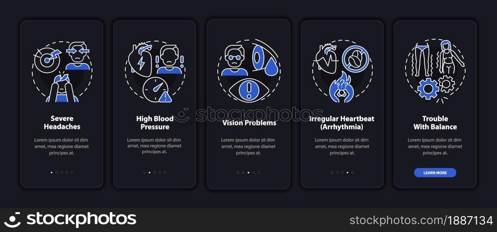 High blood pressure signs onboarding mobile app page screen. Heart arrhythmia walkthrough 5 steps graphic instructions with concepts. UI, UX, GUI vector template with linear night mode illustrations. High blood pressure signs onboarding mobile app page screen