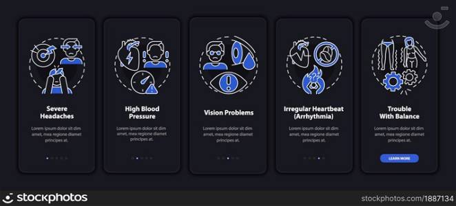 High blood pressure signs onboarding mobile app page screen. Heart arrhythmia walkthrough 5 steps graphic instructions with concepts. UI, UX, GUI vector template with linear night mode illustrations. High blood pressure signs onboarding mobile app page screen