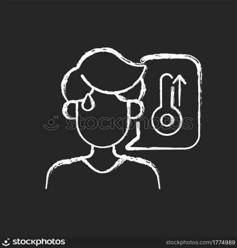 High body temperature chalk white icon on dark background. Sweating man during summer heat wave. Man with fever symptom. Person in warm climate. Isolated vector chalkboard illustration on black. High body temperature chalk white icon on dark background