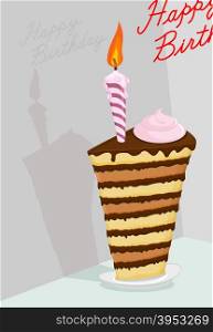 High cake. Happy birthday postcard. Vector illustration