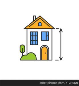 High ceilings house color icon. Building height measurement. Two storey home exterior. Townhouse facade. Modern cottage, townhome. Isolated vector illustration