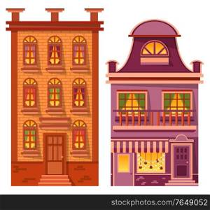 High construction with many floors and lights form windows. Evening view of fantasy Christmas architecture with stairs and entrance. Landmark city or village buildings, brick walls of house vector. Evening View of High Christmas Construction Vector