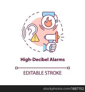 High decibel alarms concept icon. Loud siren alarm abstract idea thin line illustration. House security system. Home defense. Vector isolated outline color drawing. Editable stroke. High decibel alarms concept icon
