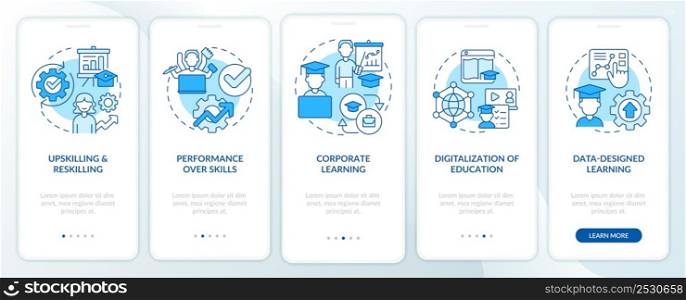 High demand skills in development blue onboarding mobile app screen. Walkthrough 5 steps graphic instructions pages with linear concepts. UI, UX, GUI template. Myriad Pro-Bold, Regular fonts used. High demand skills in development blue onboarding mobile app screen