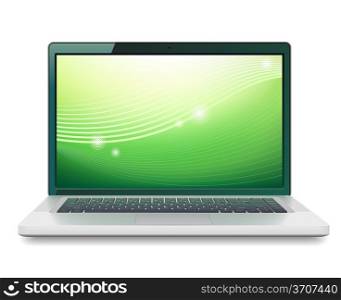 High detailed laptop with abstract colorful background on screen. Vector illustration.